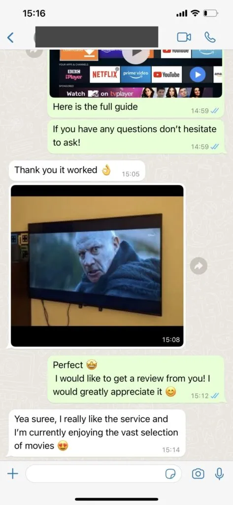 WhatsApp customer support chat screenshot showing instant IPTV activation