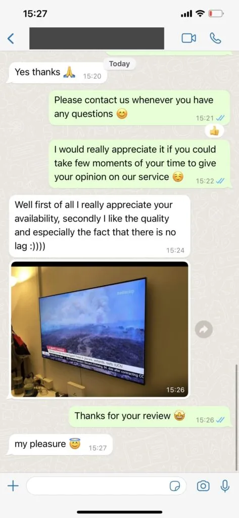 WhatsApp chat confirming 4K sports streaming stability